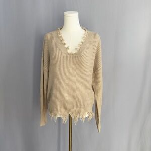 Daytrip V-Neck Frayed Hem Sweater - Beige